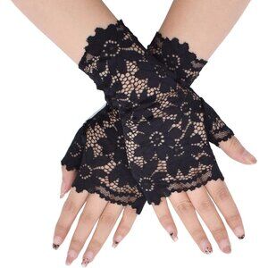 Women's St131-Black Elegant Floral Lace Fingerless Short Gloves Party Prom